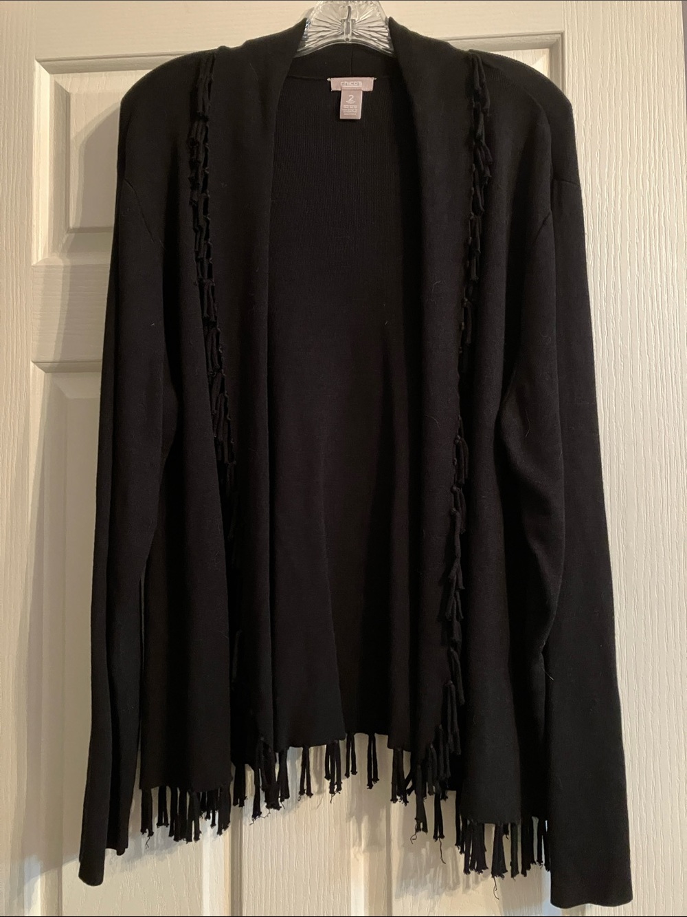 Chico's Black Open-Front Fringe Cardigan size 2